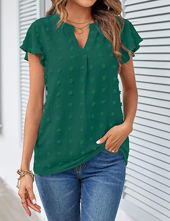 Cross-border European And American Women's Clothing 2026 Summer New V-neck Ruched Ruffle Sleeve Pom-pom Chiffon_voghion.com