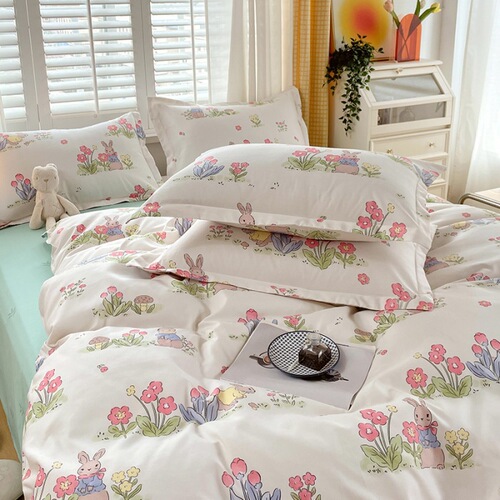 Small fresh thickened brushed four-piece set wholesale AB version student home machine washable bed sheet and quilt cover three-piece set
