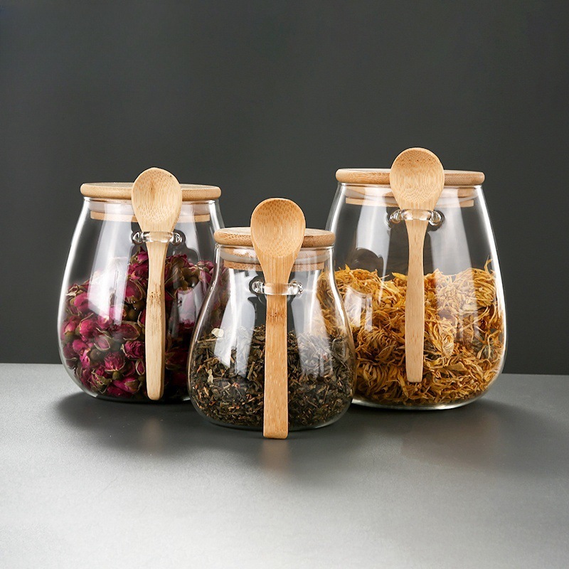 Household Glass Sealed Jar with Lid and Spoon Grain Storage Bottle Dry Goods Flower Tea Jar Storage Jar Seasoning Jar