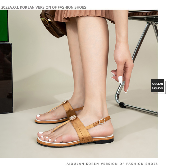 Moda Saten Sandalet Kadın Yaz Ayakkabıları Dış Ticaret Terlikler Dış Giyim Tek Kelime Plaj Düz_voghion.com
