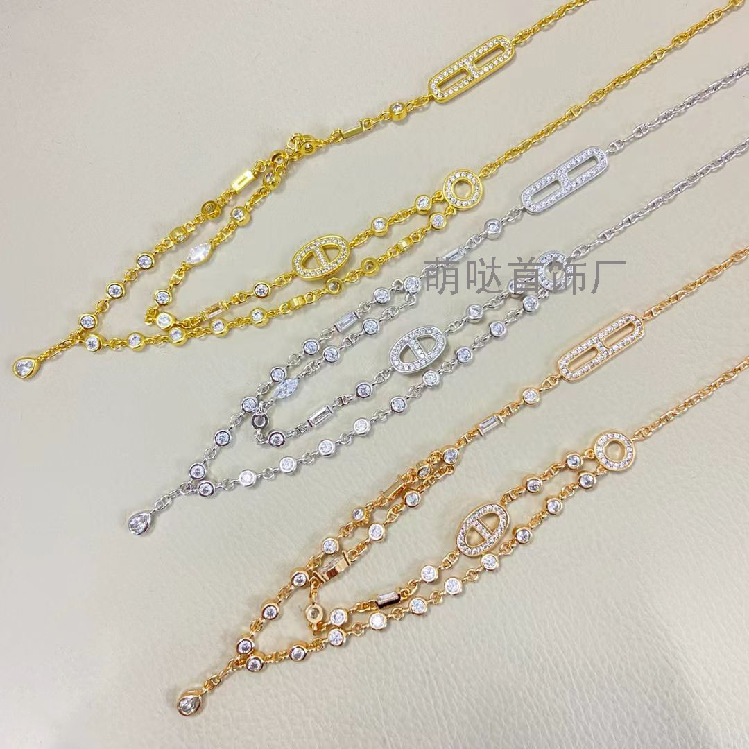 新款Н家猪鼻子OT扣项链女白金满钻双层圆环V金高版轻奢厂家批发