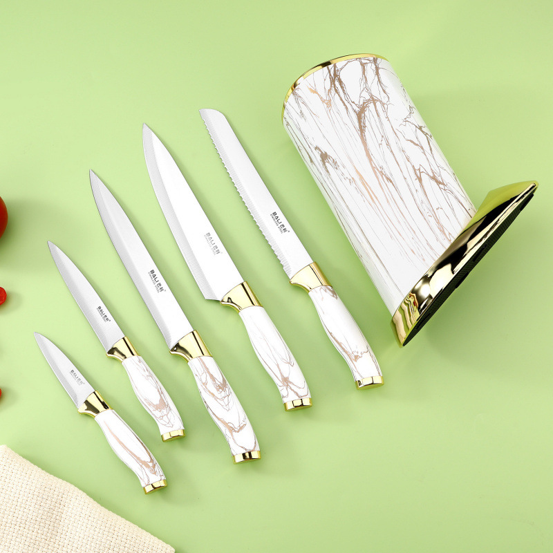 Cuchillo de asiento cilíndrico de doble cabeza galvanizada de seis piezas con cuchillo de acero inoxidable de mármol con caja de color.