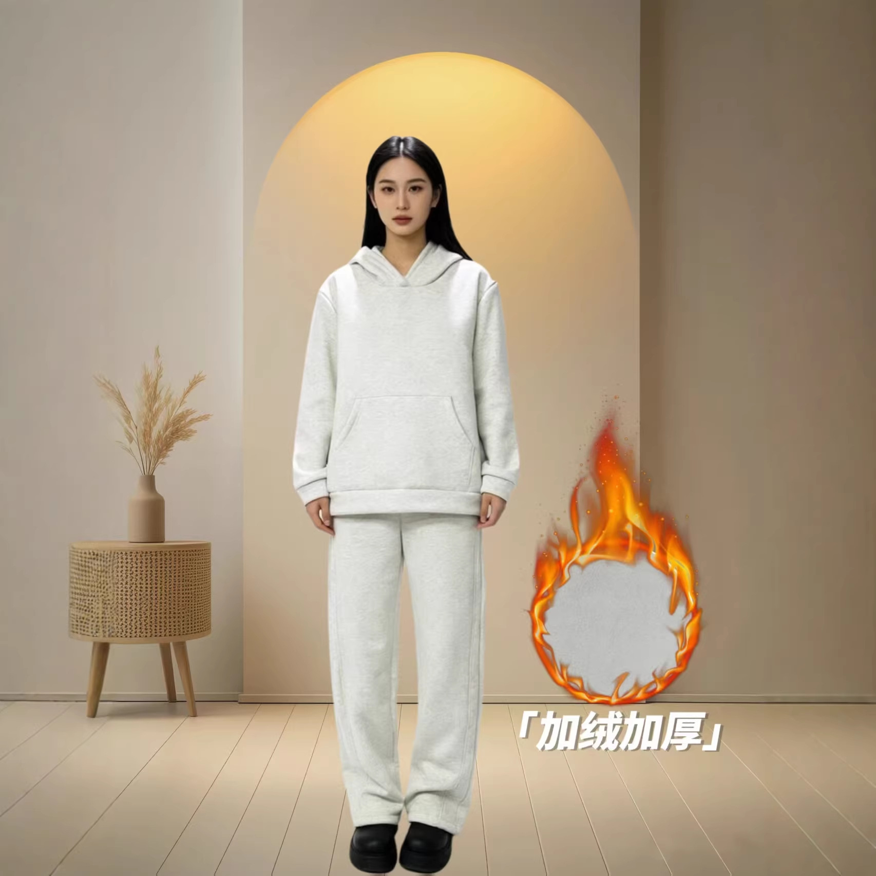Autumn and Winter Women's Fleece-Lined Thickened Warm Sweatshirt and Sweatpants Set with Kangaroo Pockets