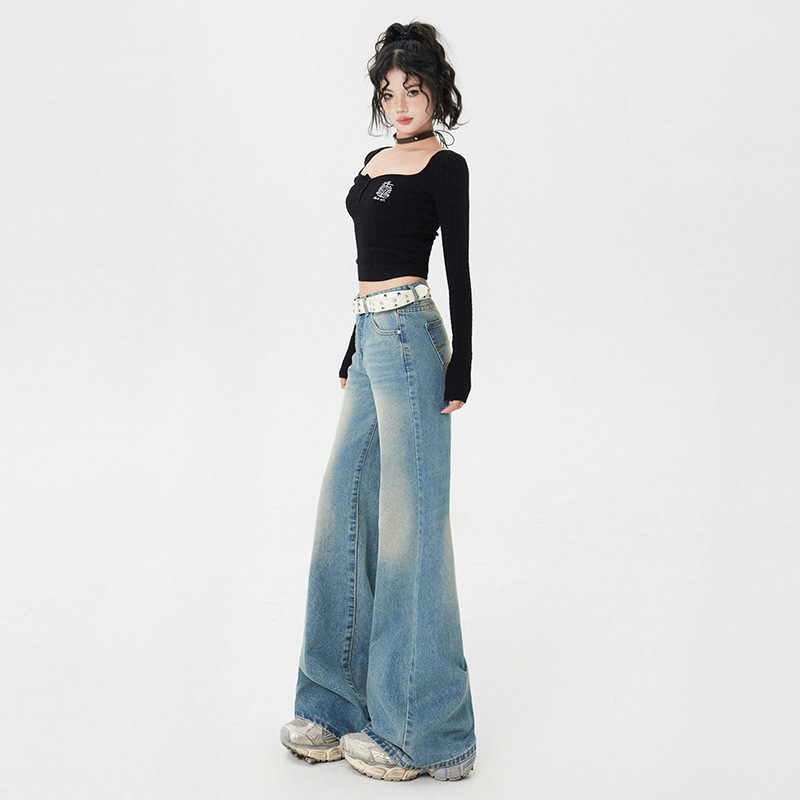 미국 스타일 레트로 워터 마크 디자인 낮은 허리 핫 소녀 플래 팬츠 모든 경기 청바지 및 긴 바지