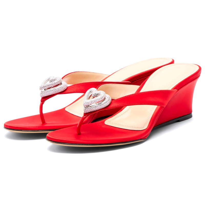 Designer Red Satin Heart-Shaped Rhinestone High-Heeled Sandals Luxurious Wedge Women's Shoes