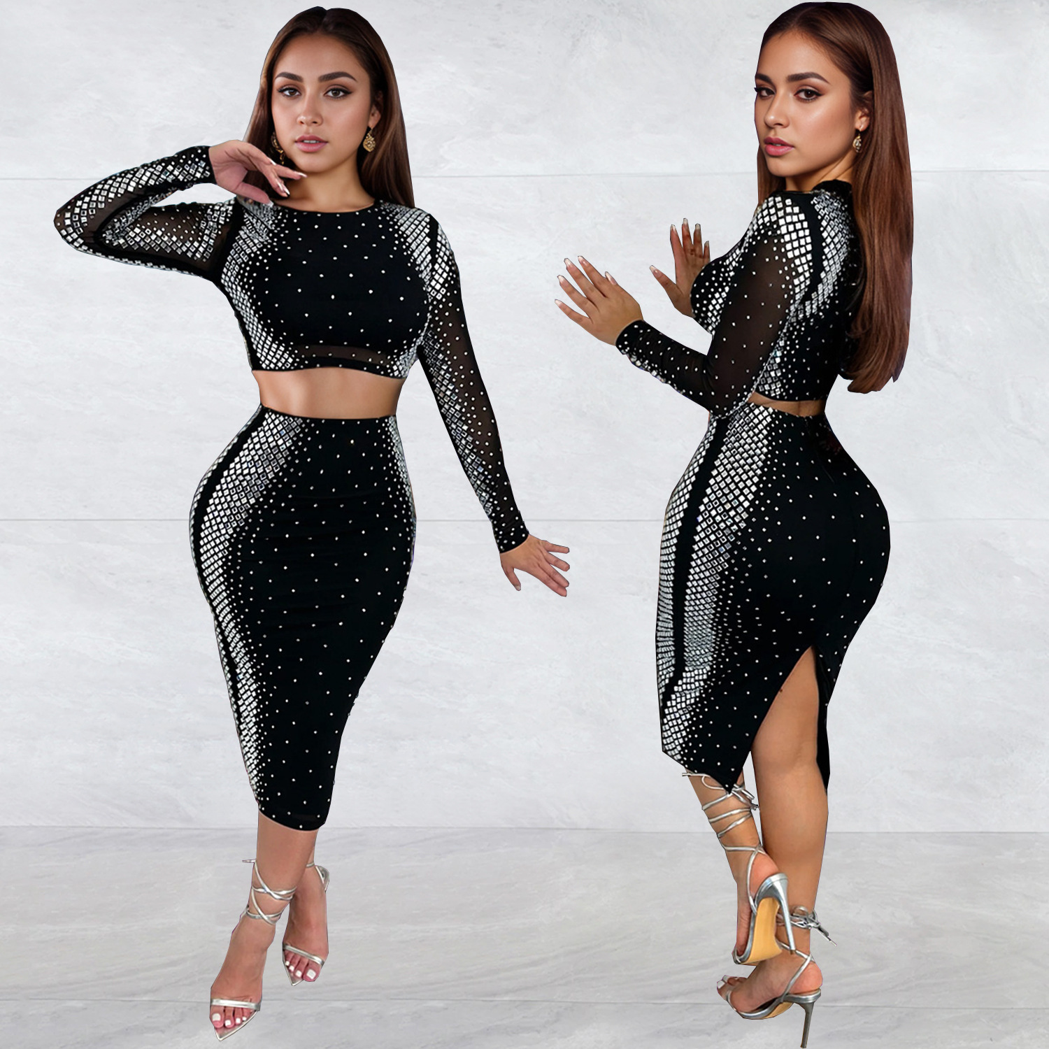 C7100 Aliexpress transfronterizo amazon ropa de moda europea y americana sexy taladro caliente mangas largas falda de dos piezas set