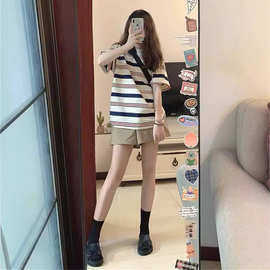跨境休闲运动套装女2024夏季新款短袖条纹上衣短裤显瘦减龄两件套