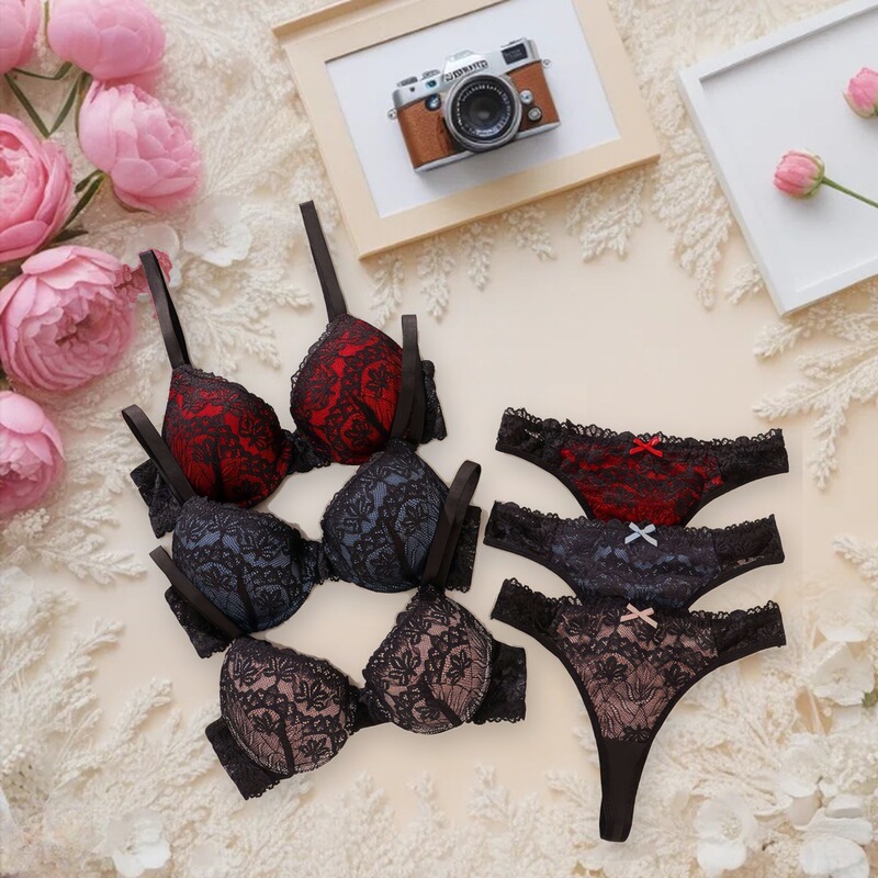European and American style sexy lace women's lingerie set, push-up bra, bow-tie thong, multi-color in stock for wholesale