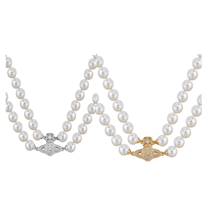 Empress Vivienne Double-Layer Pearl Saturn Magnetic Clasp Necklace for Women Classic Internet Celebrity Style Empress Vivienne Double-Layer Pearl Saturn Magnetic Clasp Necklace for Women Classic Internet Celebrity Style