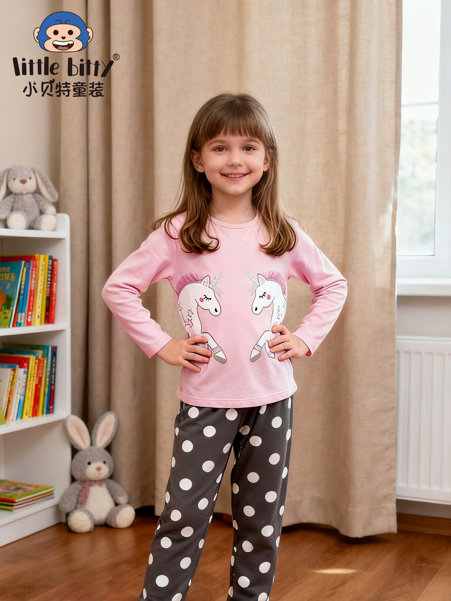 Europa y América ropa infantil ropa de hogar pantalones de manga larga dos piezas de dibujos animados unicornio impresión transfronteriza al por mayor set de algodón