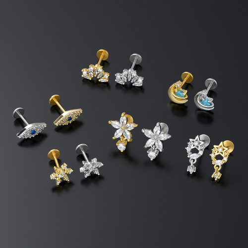 Cross-border creative flower earrings, stainless steel flat bottom lip nails, ear piercing earrings for women, European and American piercing bone nails wholesale