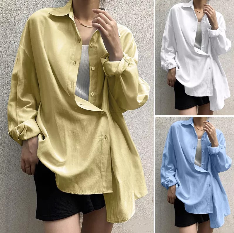 European and American Cross-border 2022 Women's Autumn Casual Long-sleeved Solid Color Shirt Top Button High and Low Hem Shirt
