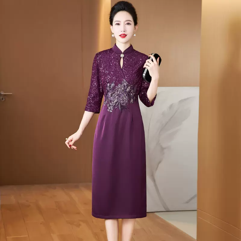 高端喜婆婆洋气新款婚宴改良旗袍修身礼服连衣裙中老年妈妈婚礼服