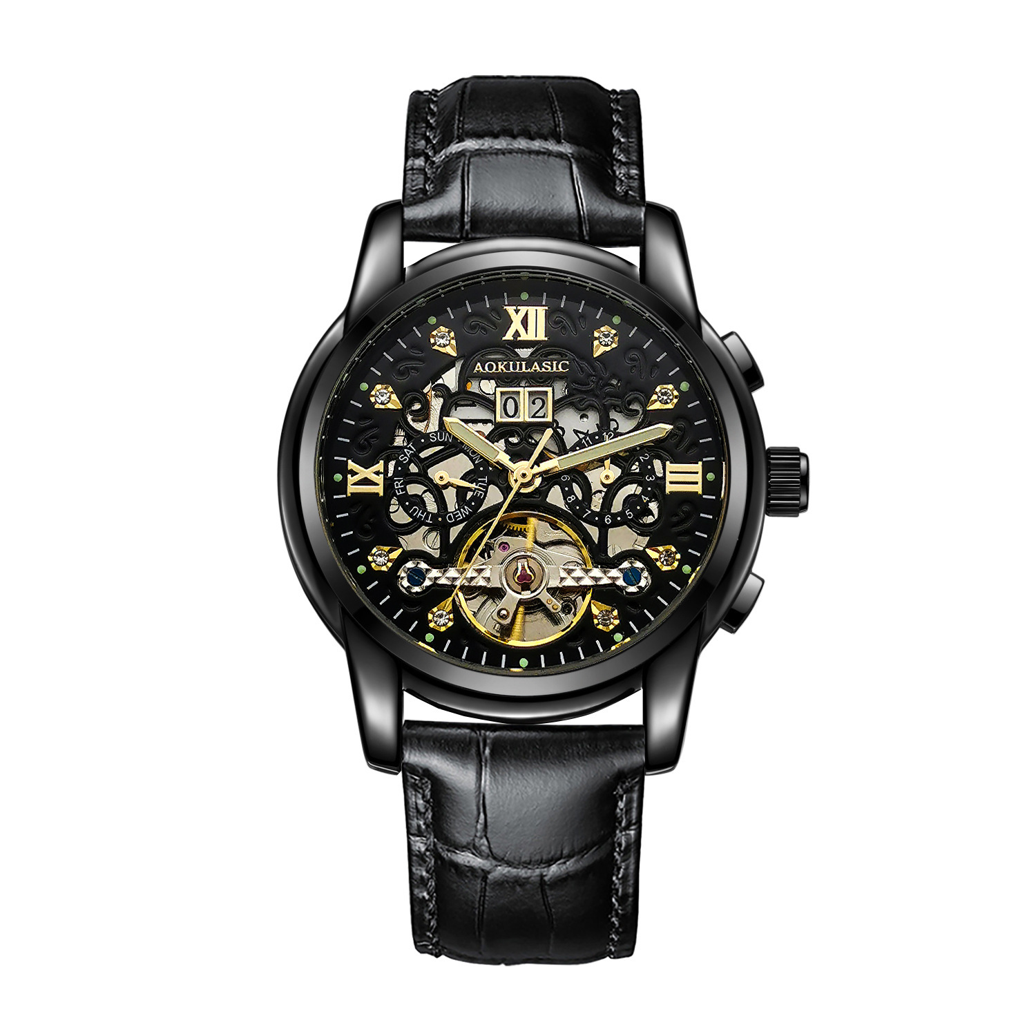 AOKULASIC/ogulas hombres rhinestone reloj mecánico automático hueco doble calendario multifuncional reloj de correa de acero