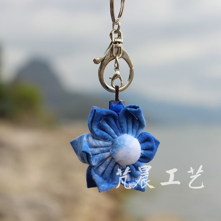 Dali Blue-Dyed Double-Sided Floral Fabric Persimmon Keychain Pendant Small Accessory