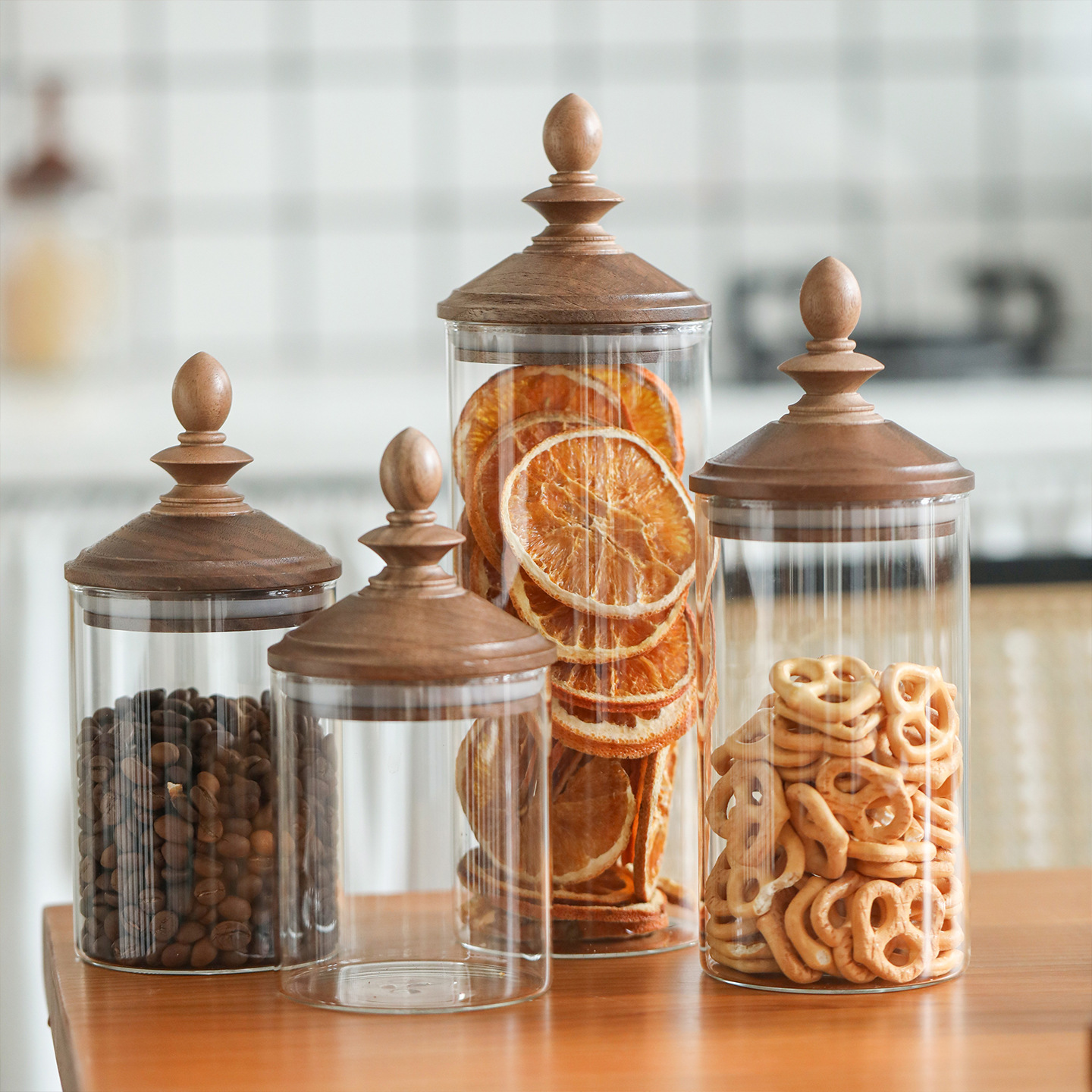 Amazon Straight Glass Storage Jar for Home Use, European-Style Creative Retro Wooden Lid Coffee Bean and Tea Storage Bottle Wholesale