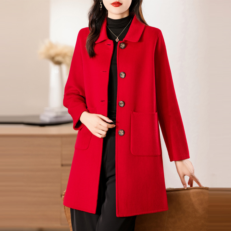 Thickened Wool Coat Women's Autumn and Winter 2024 New Mid-length Slim-fit Elegant All-match Wool Coat Red