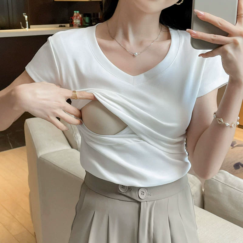 Прилив мама для кормления грудью, хлопчатобумажная футболка, летняя хлопок послеродовой V-образный вырез