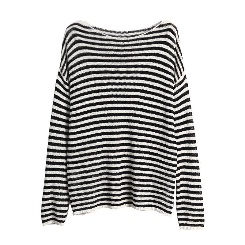 Early Autumn and Paper Yarn Dry Lightweight Contrast Stripe Loose Collar Long Sleeve Knitted