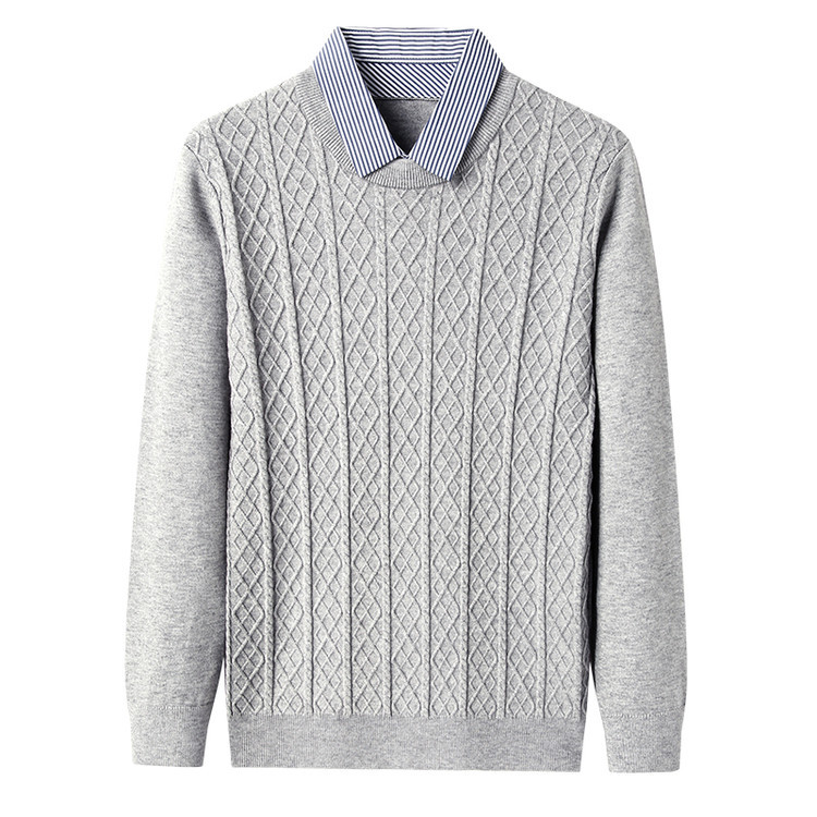 Falso de dos piezas Jacquard hombre otoño invierno nueva camiseta de manga larga camiseta de moda casual cuello cálido suéter base