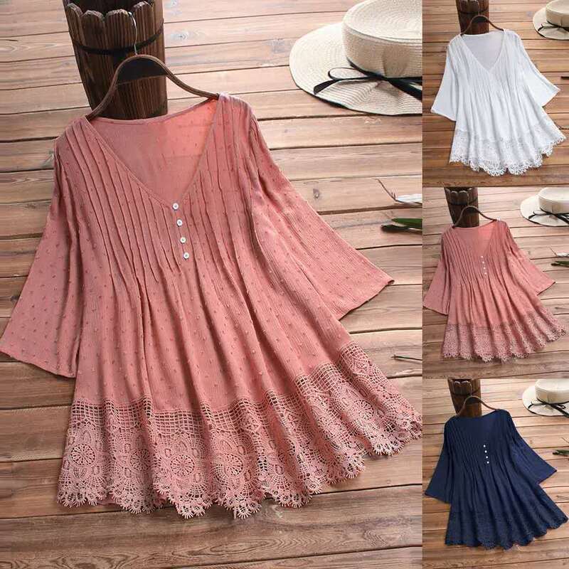 2025 Summer Amazon Aliexpress Wish Jacquard Pleated Lace Hollow V-Neck Shirt for Women in Linen Cotton Fabric