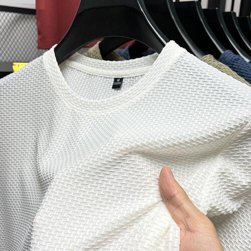 Summer Stretch Bamboo Rib Mesh Cotton T-shirt for Men Short Sleeve Round Neck Half Sleeve Men's Base Shirt Summer Men's T-shirt