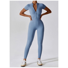 欧美跨境外贸新款批发女装连体衣短袖长裤纯色拉链圆领亚马逊速卖