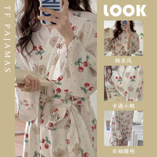 日系浴衣和服睡袍女秋季睡裙可爱小熊浴袍长款睡衣家居服秋款外出