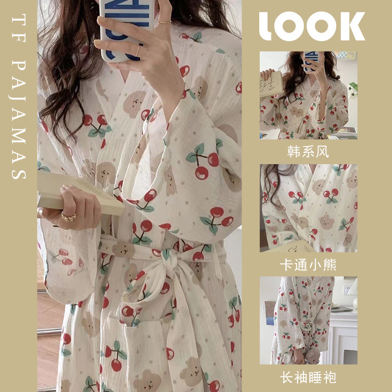 Japanese bathrobe kimono nightgown women's autumn nightdress cute bear bathrobe long pajamas home wear autumn outing