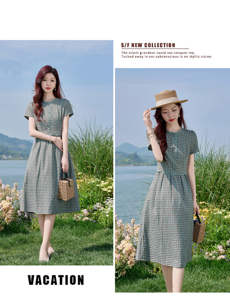 Đầm sơ mi kẻ caro cotton retro eo buộc dây dài trung bình — Màu sắc hình ảnh chi tiết 18