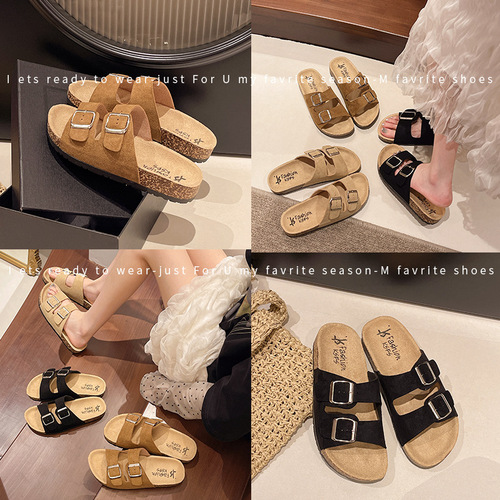 2025 Summer New Thick Sole Birkenstock Shoes for Women, Unisex Matchable Couple's Outdoor Wear Cork Slides with Soft Sole and Double Buckle Straps