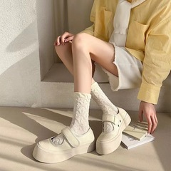 Light beige women's crew socks, thin, cute, versatile, solid color, simple, school style, breathable, with floral edges for girls in spring and summer