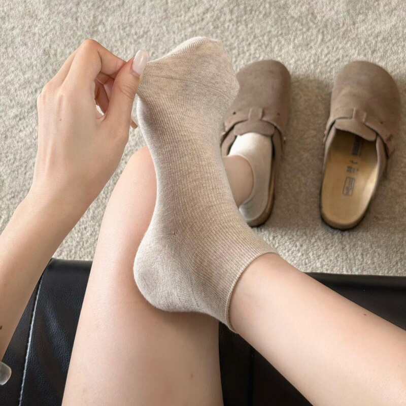 New Spring and Autumn Women's Short Cotton Socks, Versatile Birkenstock Shoes, Comfortable and Breathable Solid Color Lazy College Style Maternity Socks, Mid-Calf Length