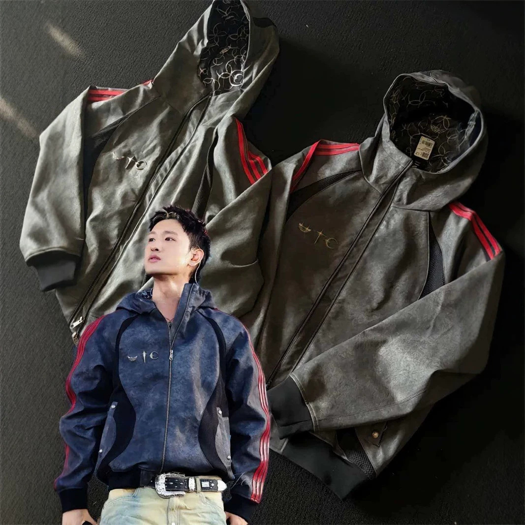 美式潮流三条杠连帽拼接拉链外套男女同款春秋季时尚刺绣PU皮夹克