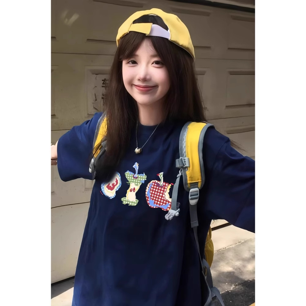 Fat mm American Navy Blue Extra Large Short-Sleeved T-Shirt for Female Summer Junior and High School Students Loose Half-Sleeved Tops