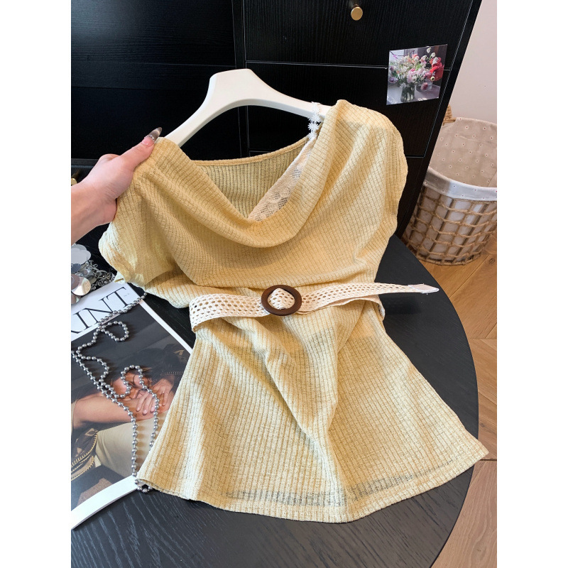 Bohemian Style Flared Collar Lace Patchwork Gentle Faux Two-Piece Top with Belt and Asymmetrical Shoulder T-Shirt Bohemian Style Flared Collar Lace Patchwork Gentle Faux Two-Piece Top with Belt and Asymmetrical Shoulder T-Shirt