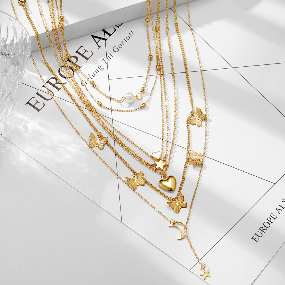 Sweet Star Heart Shape Butterfly Imitation Pearl Alloy Tassel Plating Inlay Zircon Necklace