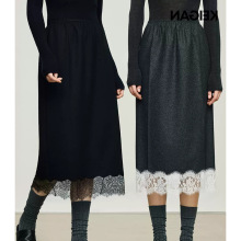 开/意大利法兰绒同厂法国蕾丝松紧腰直筒半裙2025秋冬新款半身裙