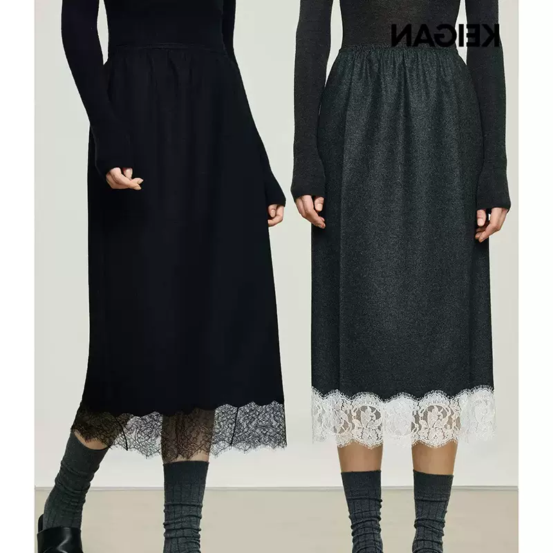 开/意大利法兰绒同厂法国蕾丝松紧腰直筒半裙2025秋冬新款半身裙