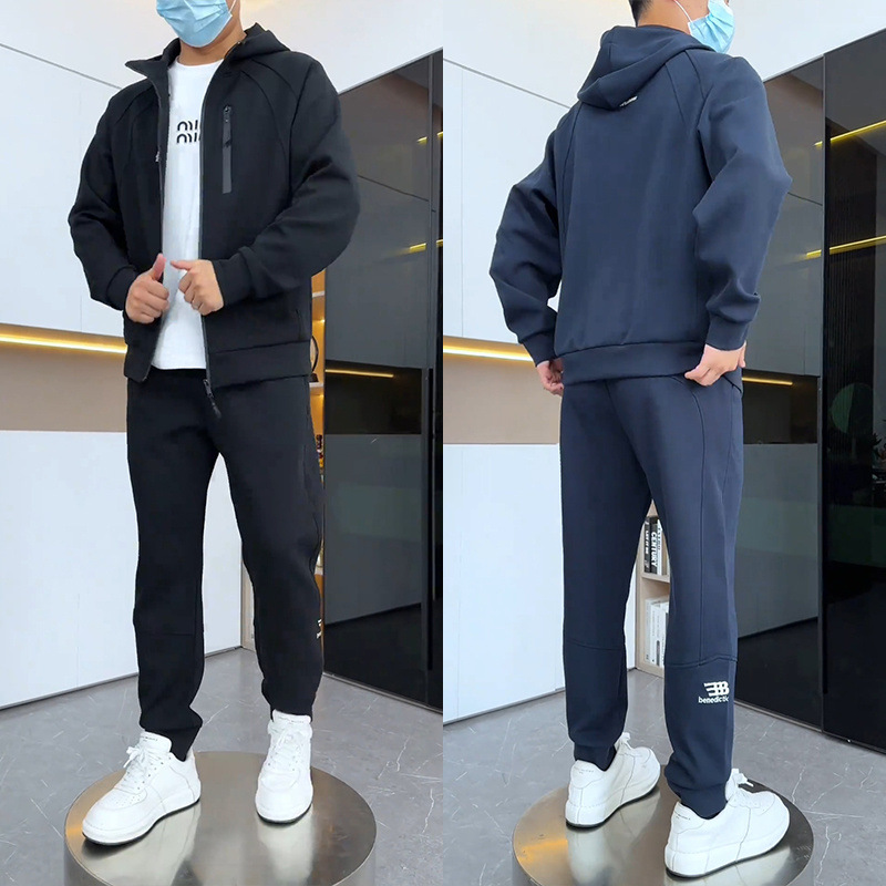 가을과 겨울 기모 두꺼운 캐주얼 스포츠 세트 남성 후드 재킷 패션 슬림핏 스웨트 셔츠 투피스 세트