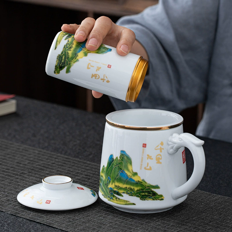 Керамическая чашка для воды Qianli Jiangshan, чайная банка, подарок на корпоративное собрание, фильтр, офисная чаша с крышкой