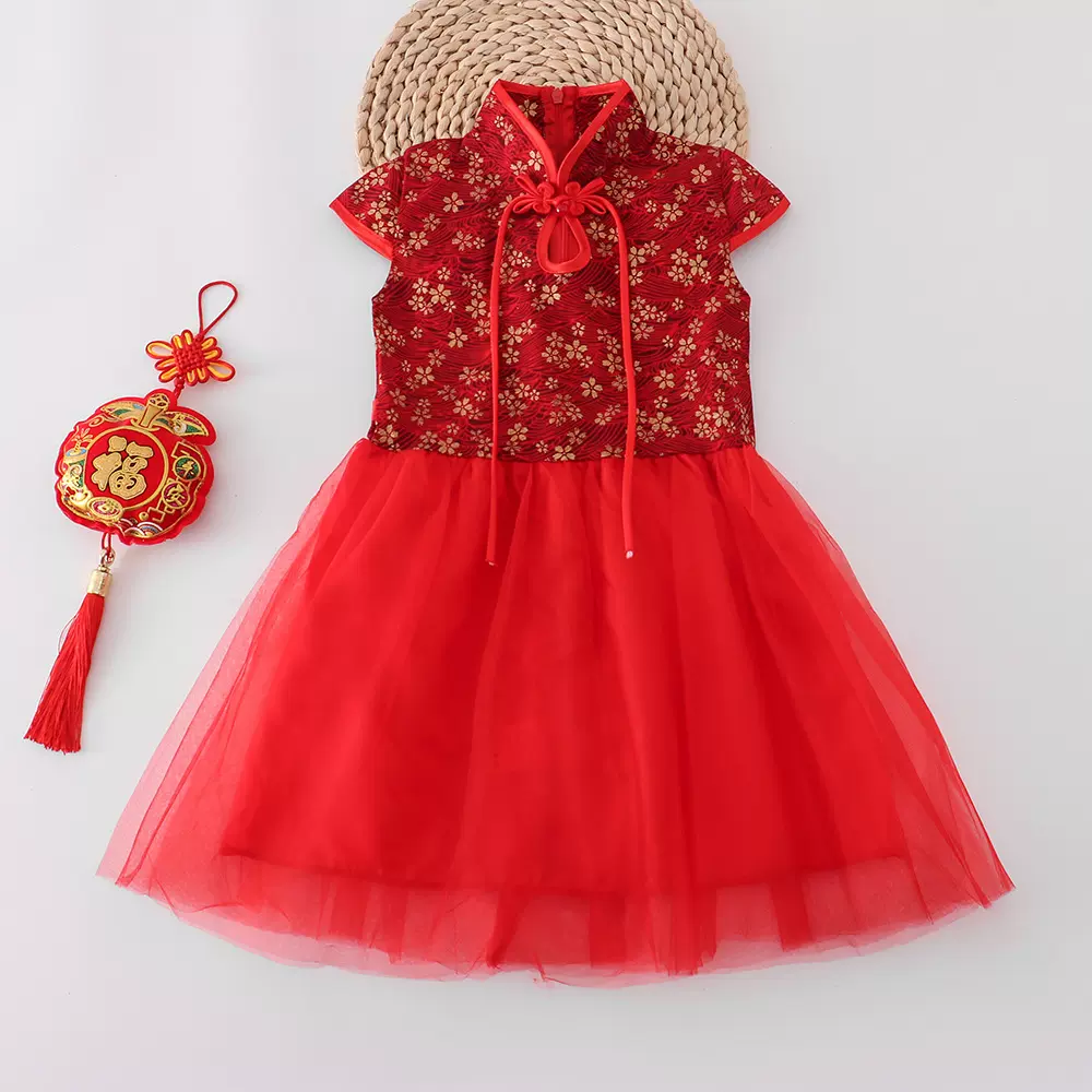 跨境女童连衣裙中大童旗袍小女孩年服秋季中国风礼服公主蓬蓬纱裙