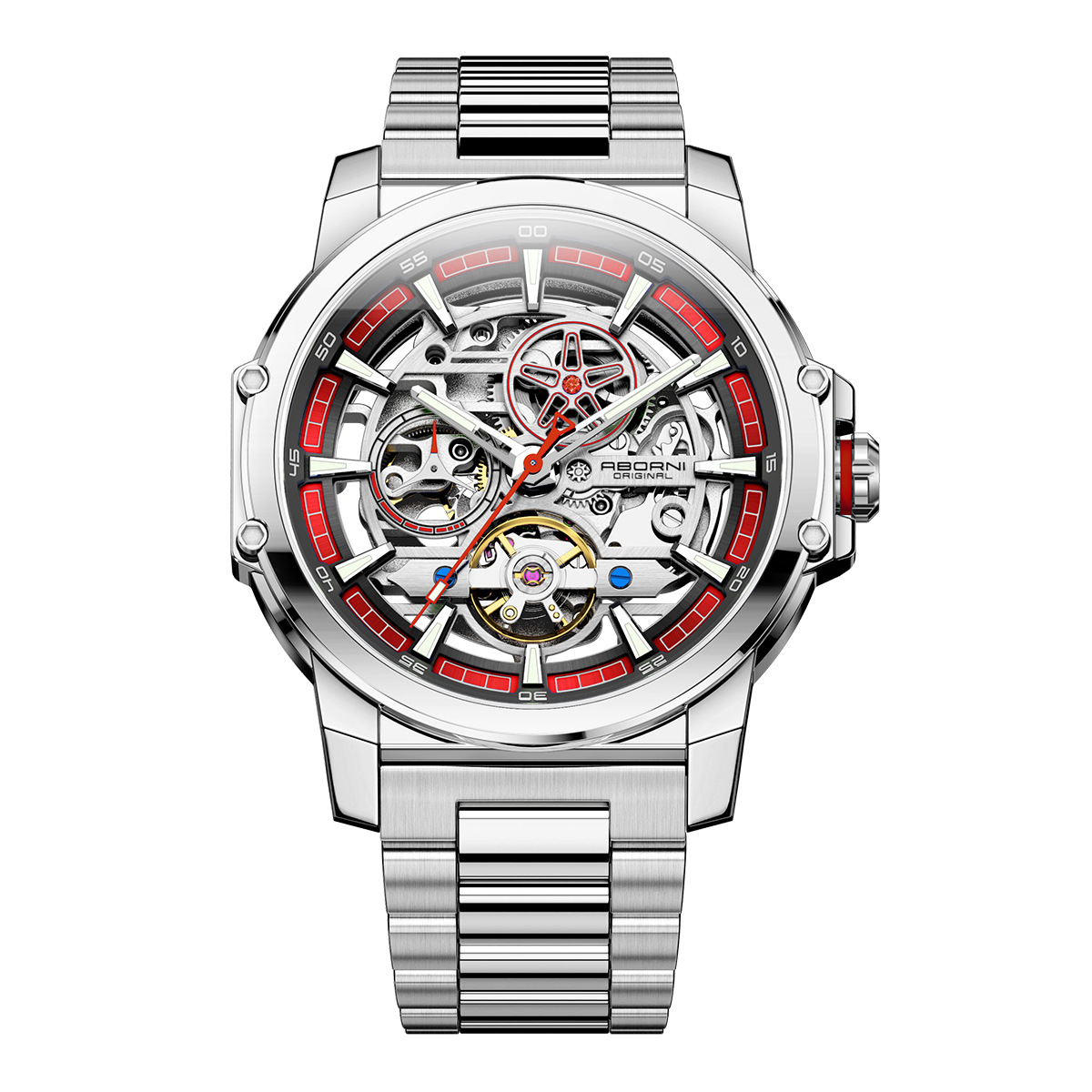 YBN9039 실버 쉘 레드 링 스틸 벨트 기계