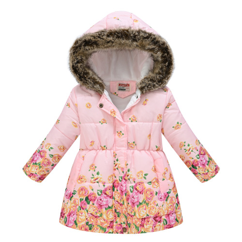 New model children's winter print cotton coat for export, with thicker middle-child size, fur collar, and hat, casual cotton jacket.