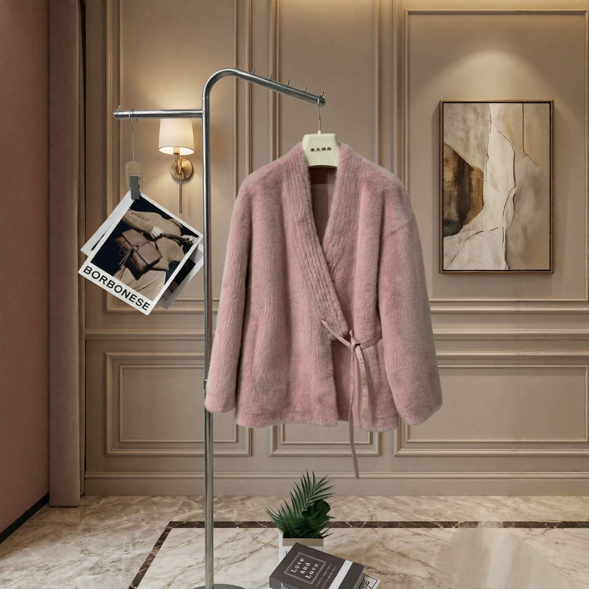 Original factory faux mink fur coat for women, V-neck, belted, waist-cinching, slimming, warm, bathrobe
