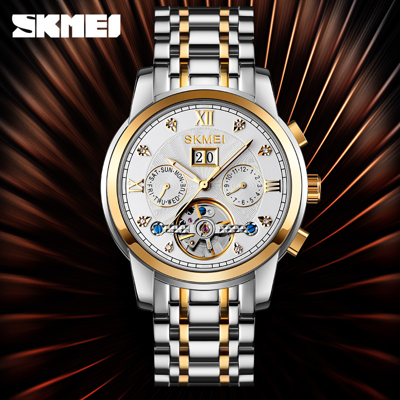 Momento de los relojes mecánicos huecos de volante calendario multifuncional impermeable relojes de pulsera de hombre comercio exterior lote mixto lote personalizado