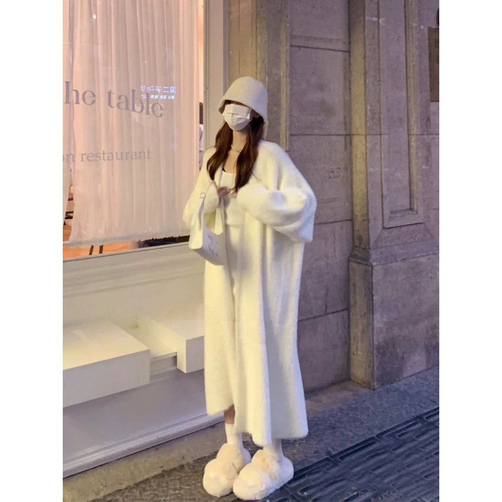 White velvet cardigan, long sweater, cashmere demi-season jacket, bathrobe, mid-length