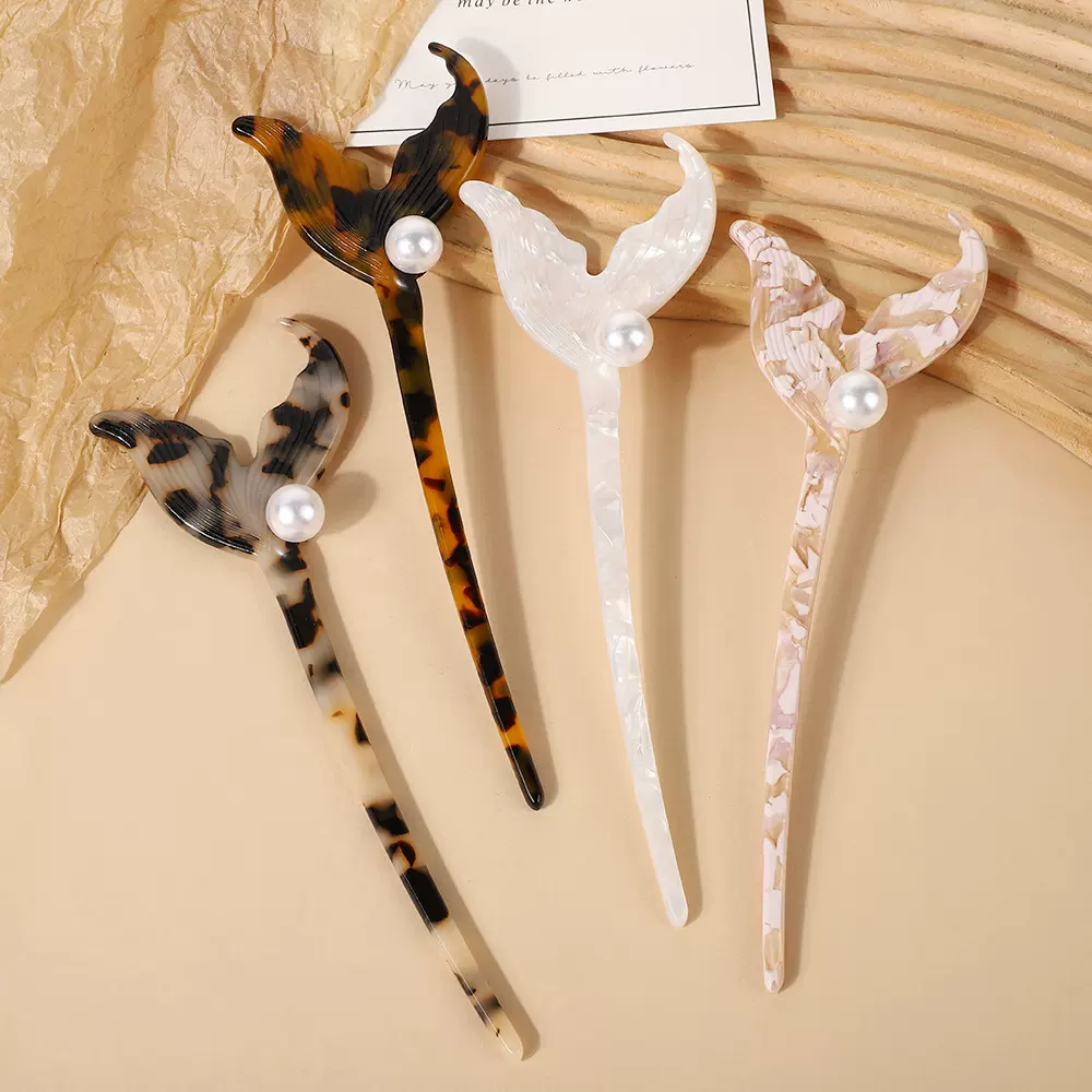 韩版醋酸珍珠鱼尾发簪高气质简约后脑勺盘发钗子优雅时尚现代头饰