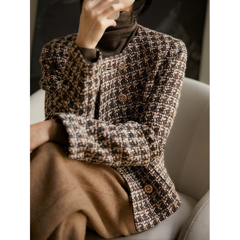 High-End Double-Breasted Tweed Jacket, Textured Tweed 2026 Spring and Autumn Short Coat, Spring Brown Women's Clothing
