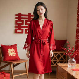 春秋季睡衣女新娘晨袍薄款睡袍吊带两件套性感蕾丝丝绸家居服套装